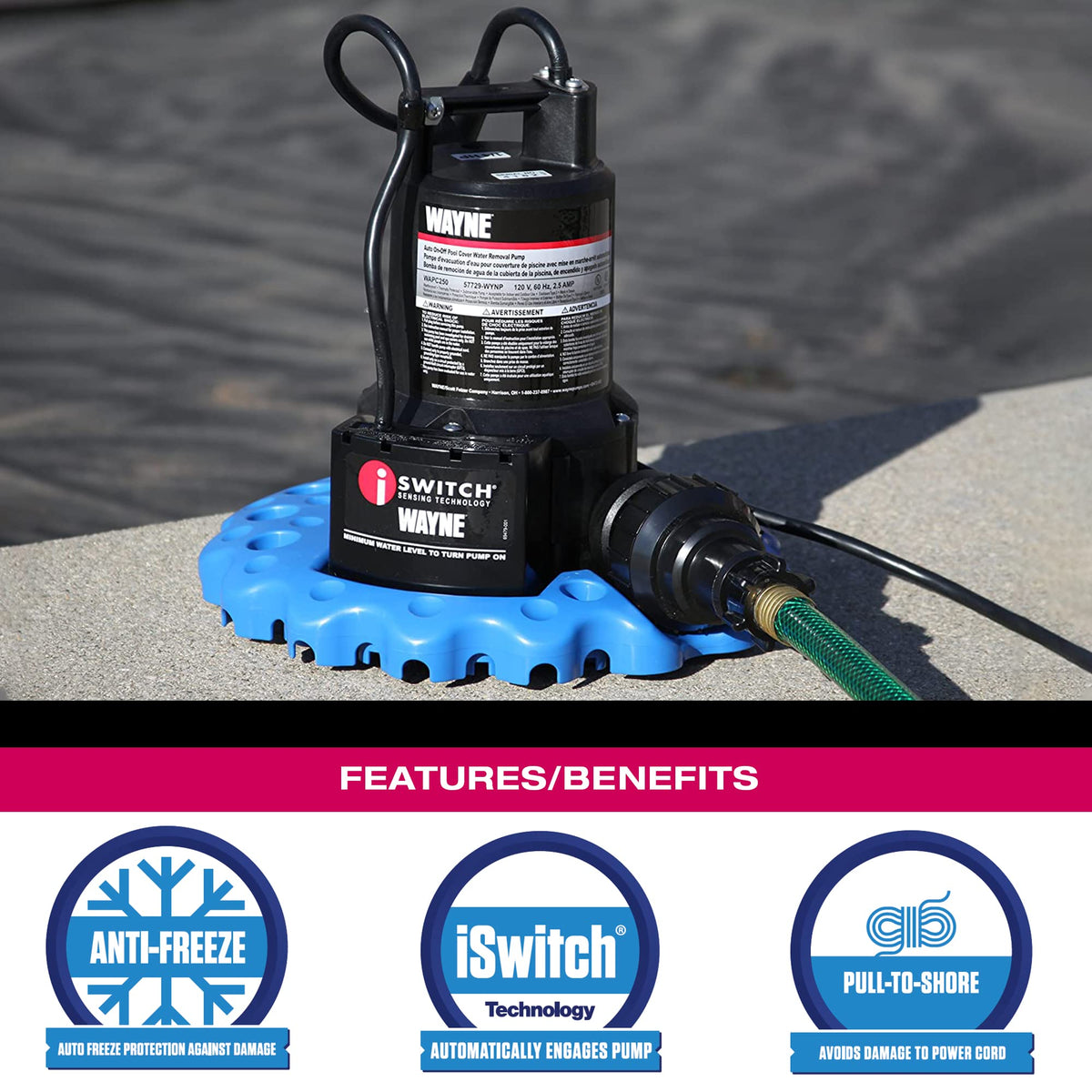 Wayne WAPC250 25-foot power cord provides reach to outlets.