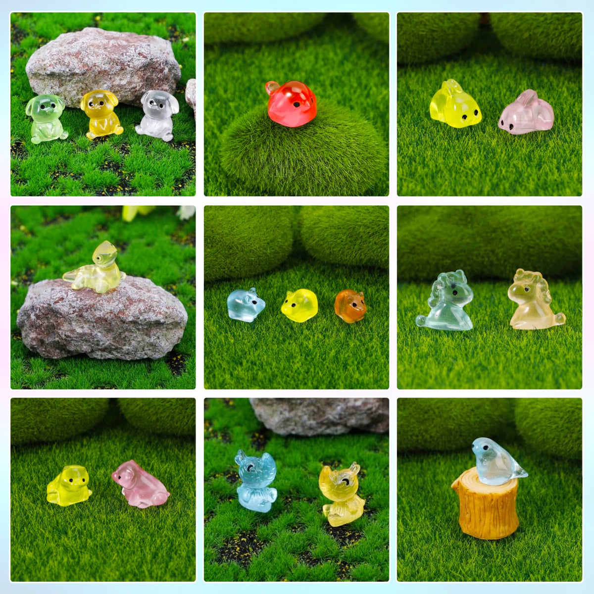 Vibrant resin animals in bright hues for imaginative hide-and-seek play.