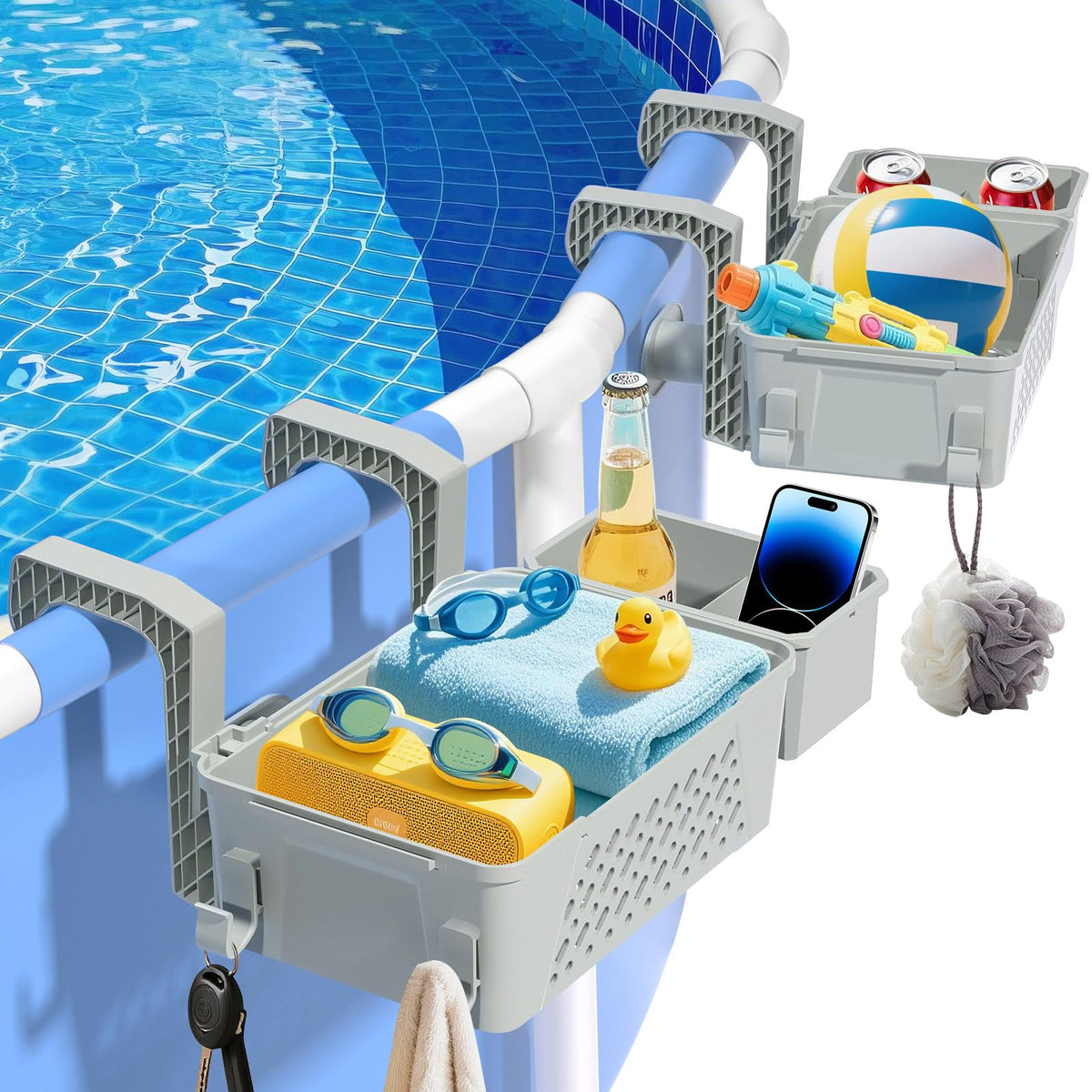 WDZREE poolside storage baskets two-pack mounted on 3-inch rails for easy water-side access