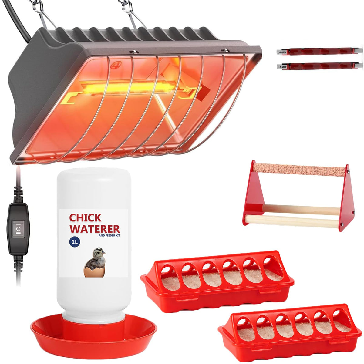 Weartfun 250W heat lamp for chicks providing steady warmth in the brooder.