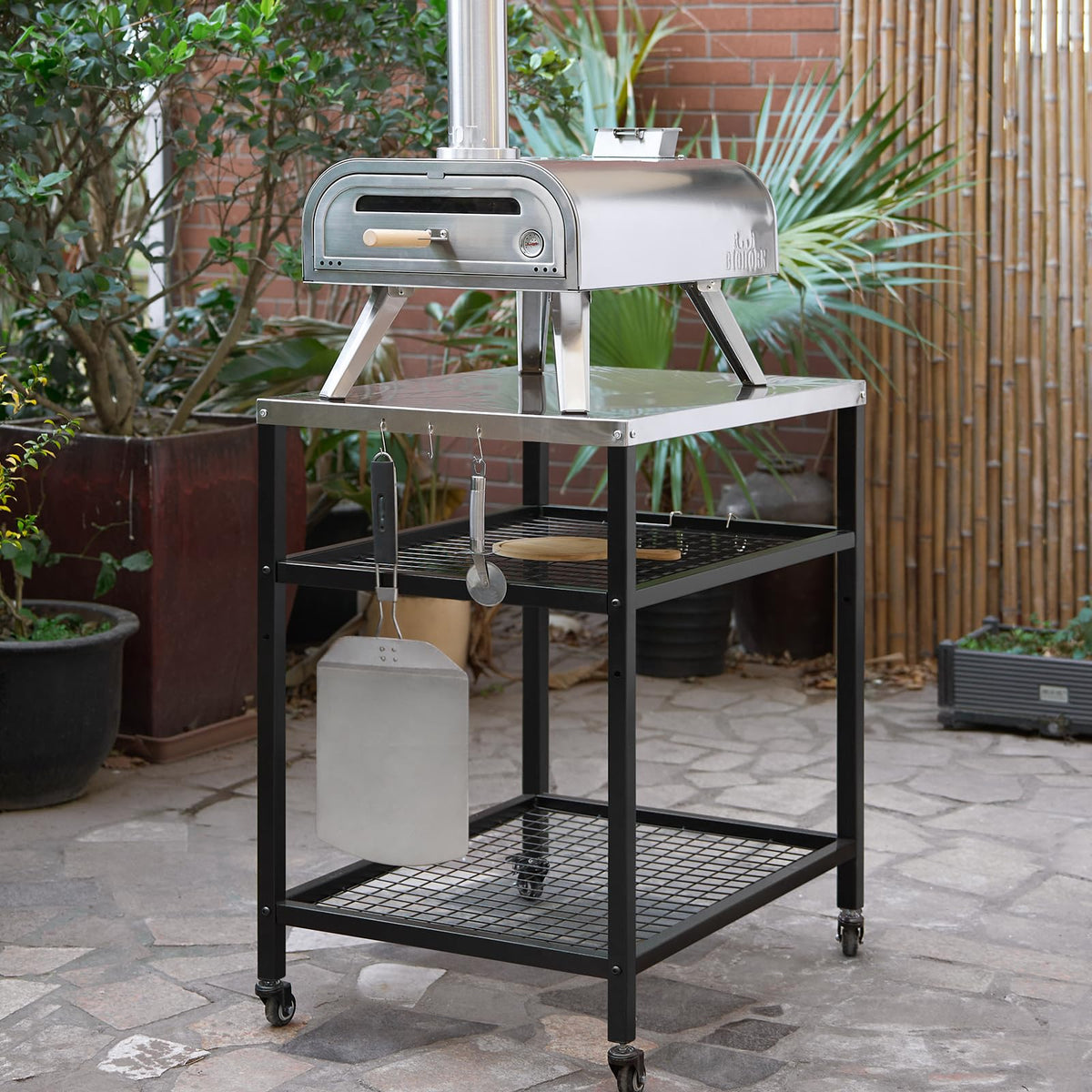 WEASHUME grill cart with movable 360-degree wheels for flexible outdoor setup.