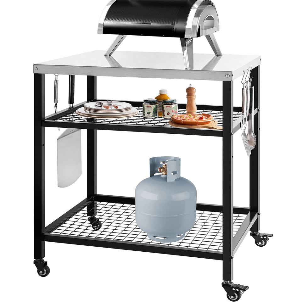 WEASHUME stainless steel outdoor grill cart with pizza oven area, durable surface.