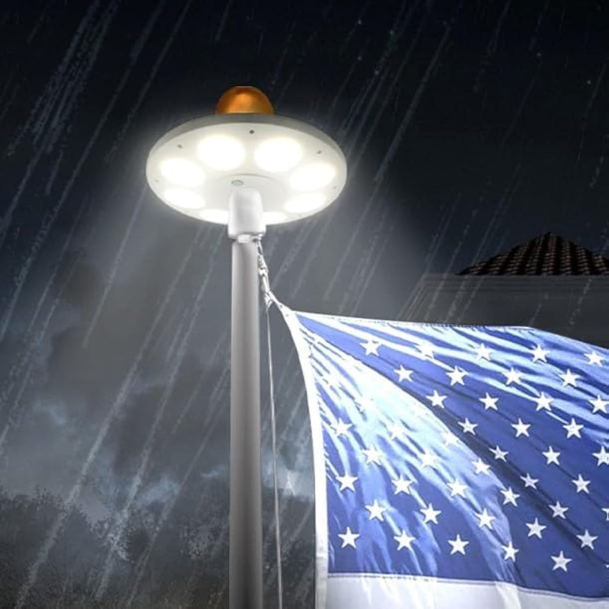 Weavelife 136 LED solar flag pole light at the flag top for night visibility.