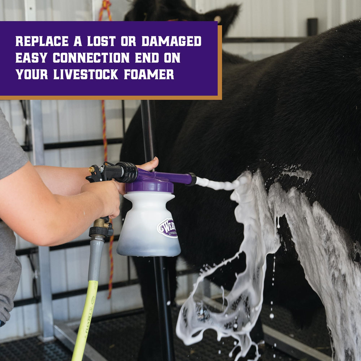 Weaver Livestock hose quick connect adapter showing secure connection and leak-free spray.