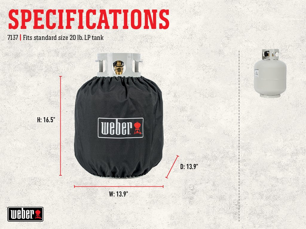 Weber 20 lb propane tank cover on a standard tank ready for year-round use