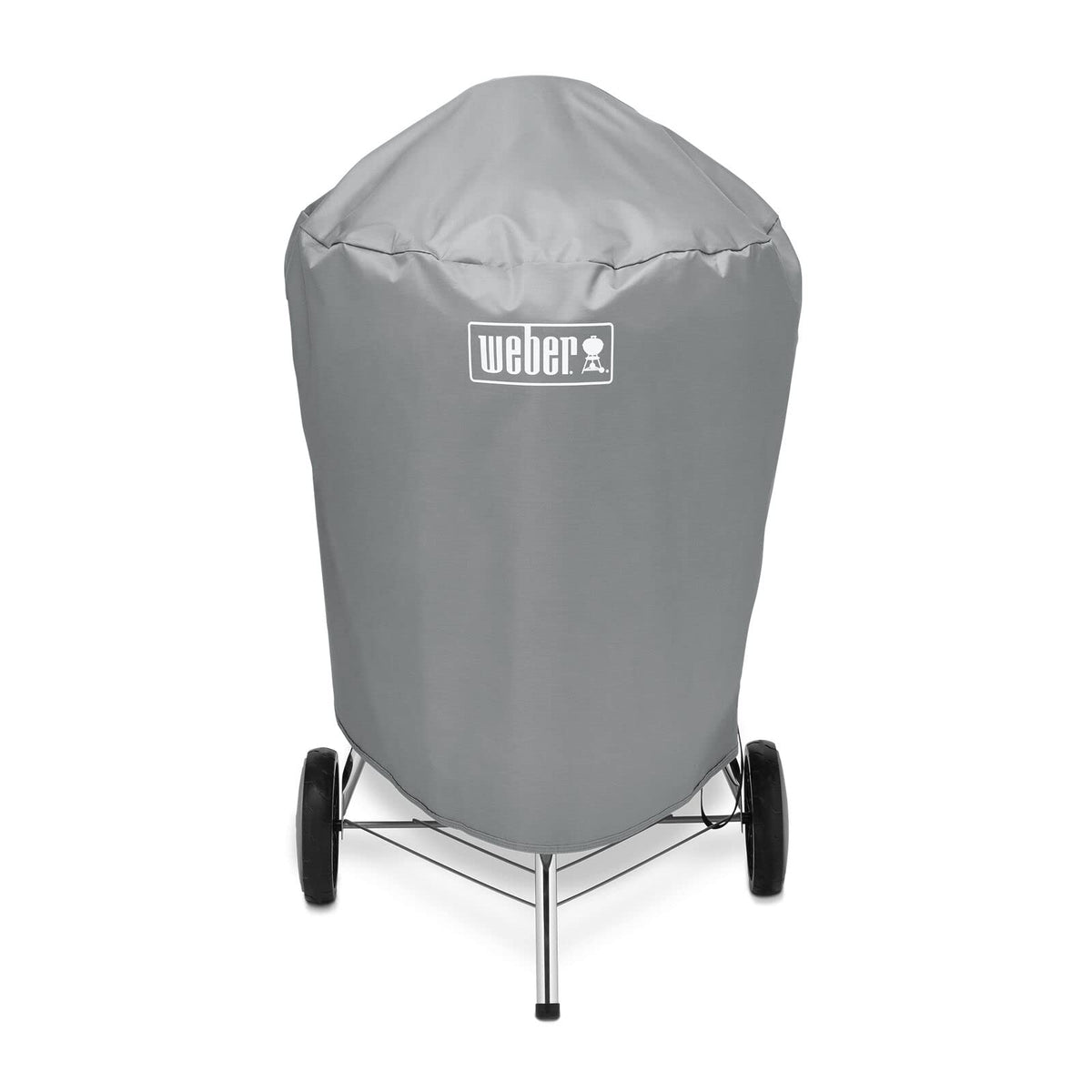 Weber 22-inch charcoal kettle cover, front view, secure straps for windy days.