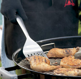Weber stainless steel grill tools ready for long-lasting use.