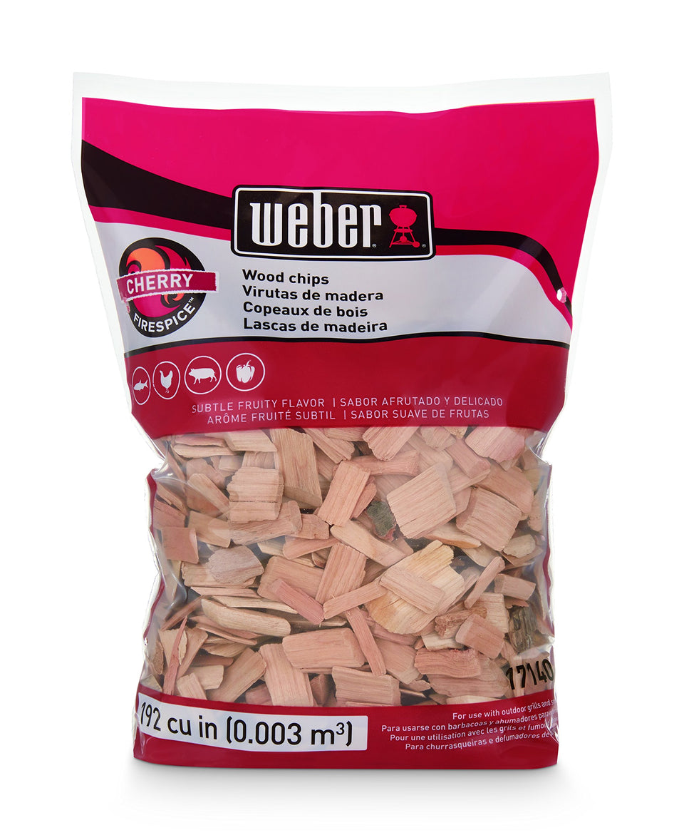 Weber Cherry Wood Chips bag for subtle fruity smoke flavor.