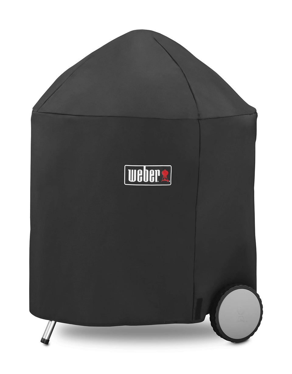 Weber 26-inch charcoal grill cover, front view, UV protection protects color and finish.