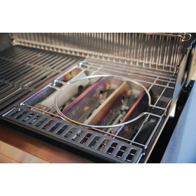 Weber Crafted frame sits under the right-side grate when not in use, storing neatly.