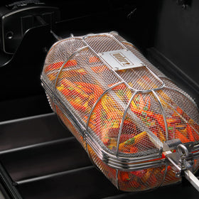 Weber Crafted Rotisserie Crisping Basket in use with even heat.