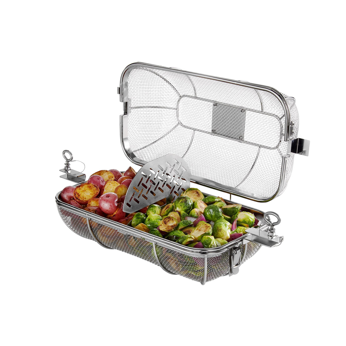 Weber Crafted Rotisserie Crisping Basket in action on an outdoor grill.