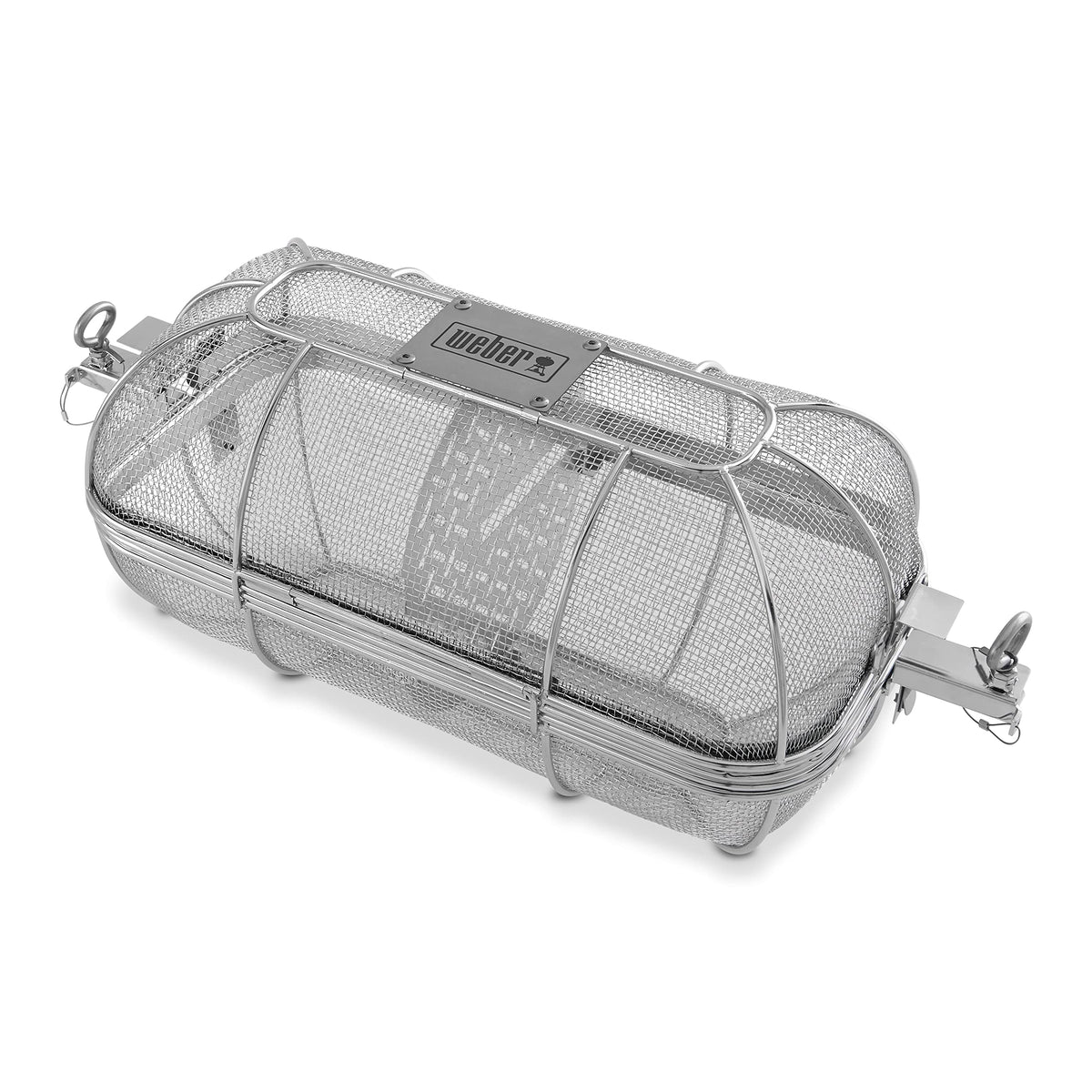 Weber Crafted Rotisserie Crisping Basket mounted on a spit for even crisping.