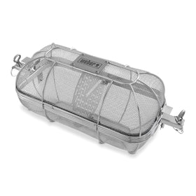 Weber Crafted Rotisserie Crisping Basket mounted on a spit for even crisping.