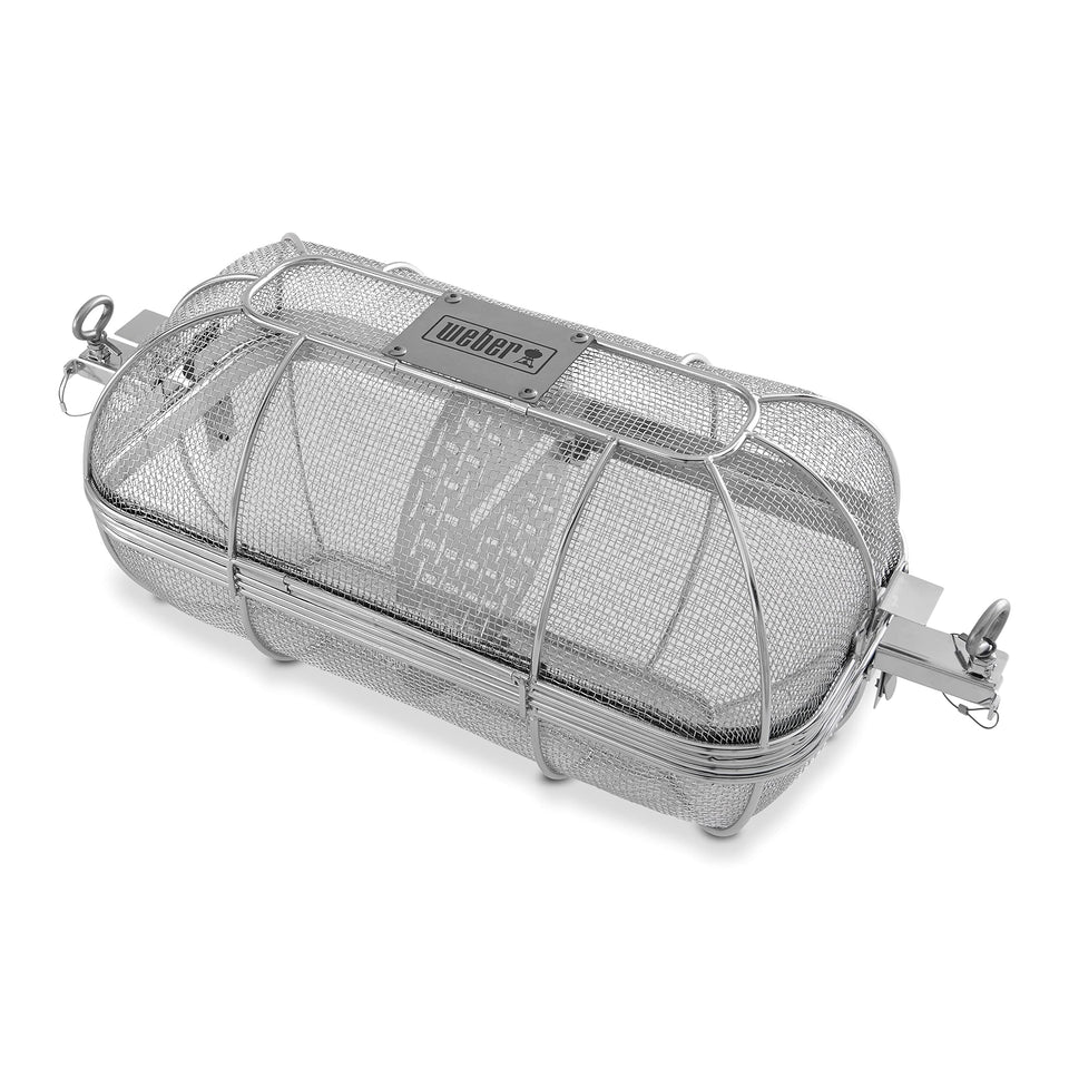 Weber Crafted Rotisserie Crisping Basket mounted on a spit for even crisping.