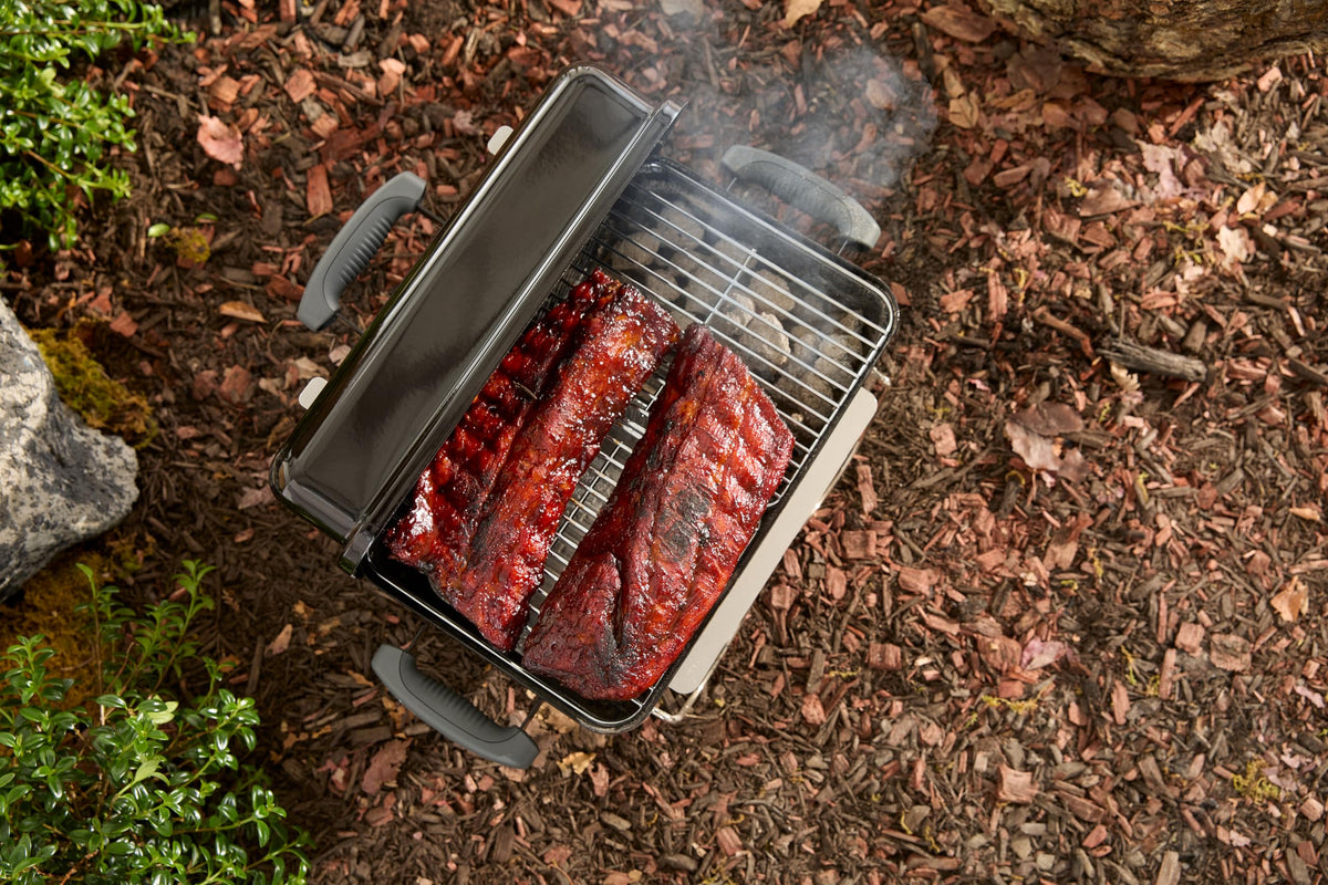 Weber Go-Anywhere 2-piece cooking grate lets you add charcoal as needed.