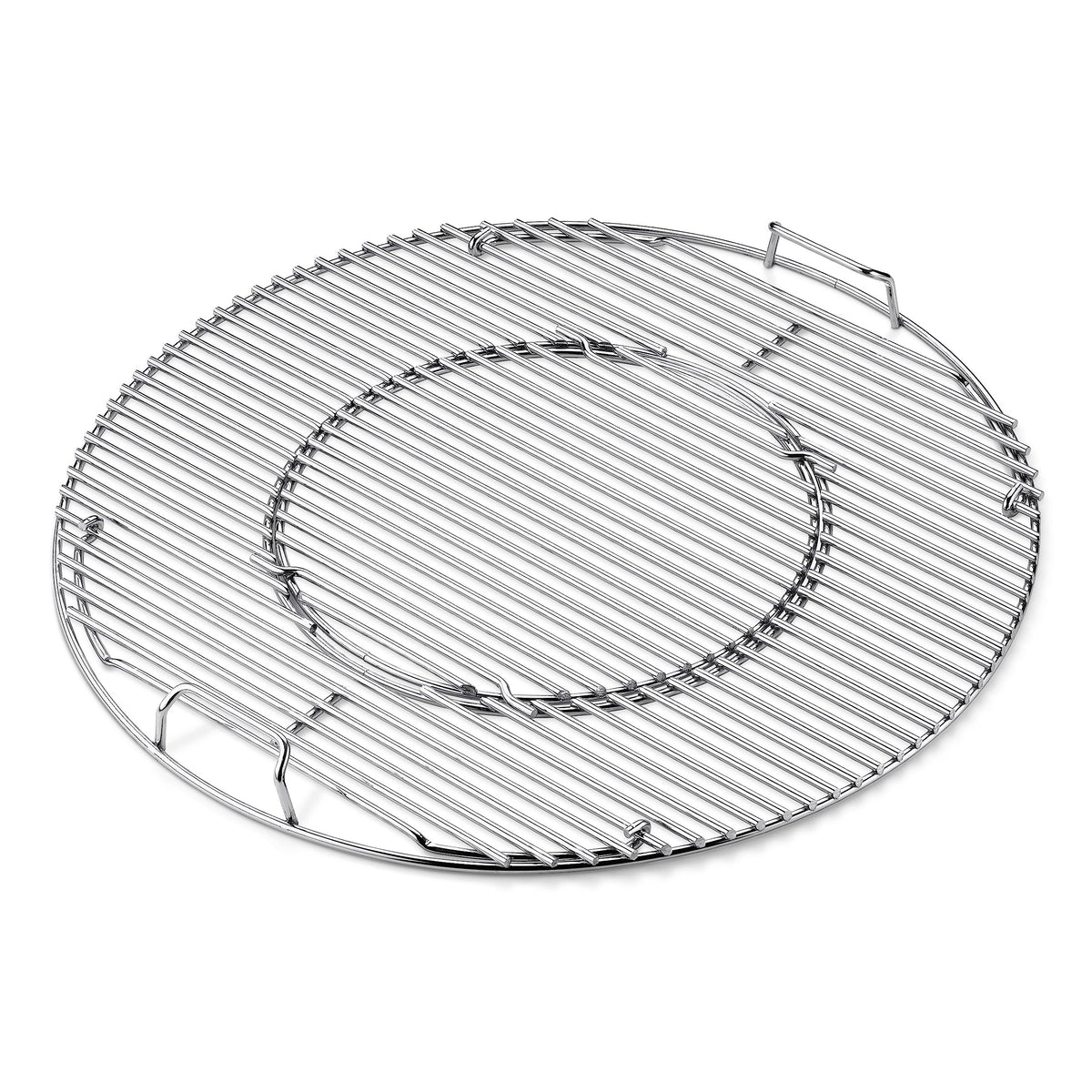 Weber Gourmet BBQ System hinged cooking grate in action for easy charcoal access.