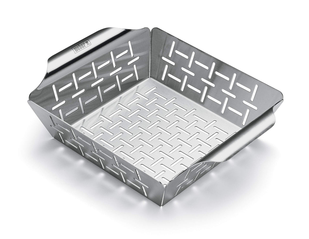 Weber grill basket in stainless steel keeps veggies intact during grilling