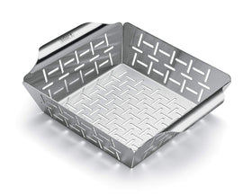 Weber grill basket in stainless steel keeps veggies intact during grilling