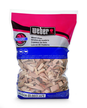 Weber Hickory smoked wood chips bag for rich flavor in poultry and pork.