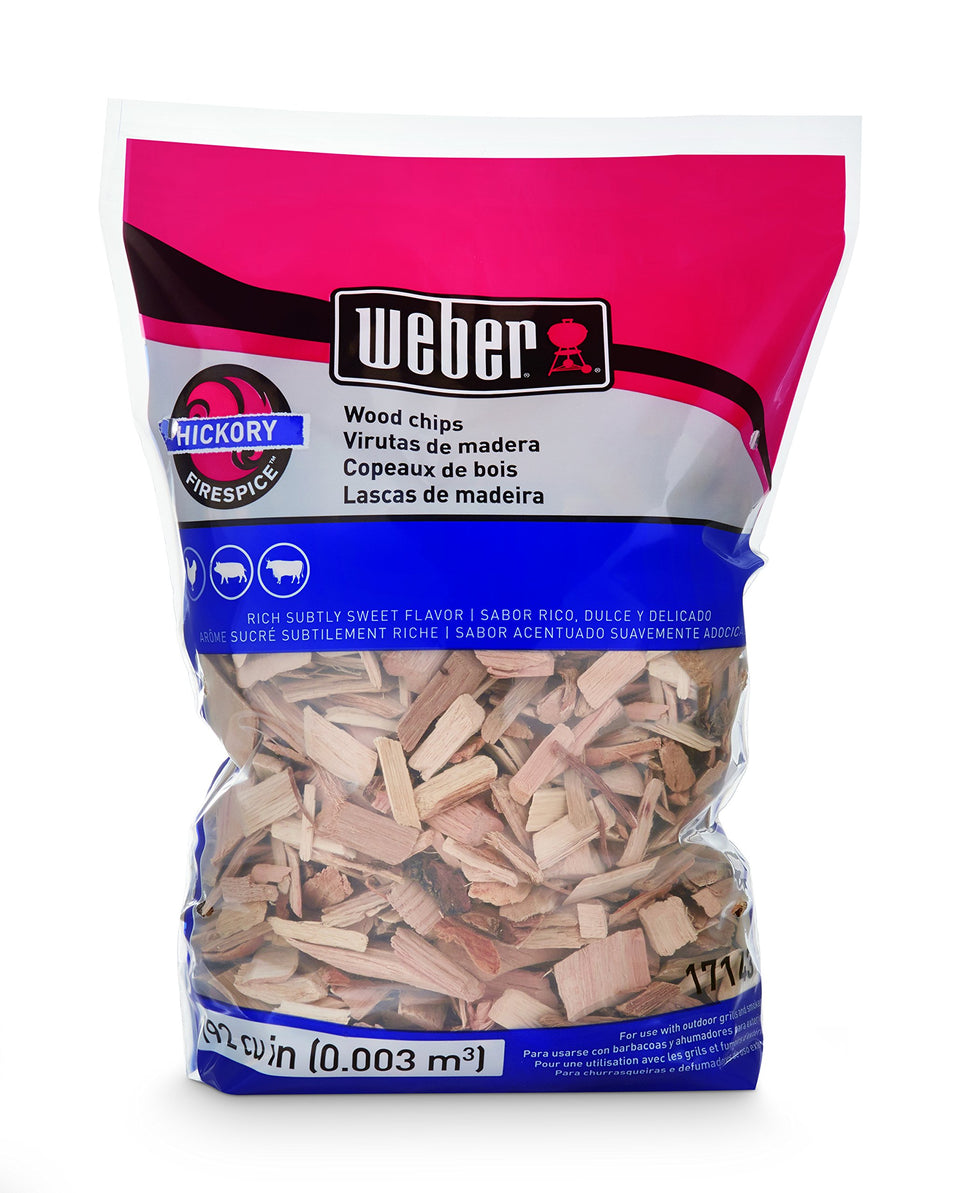 Weber Hickory smoked wood chips bag for rich flavor in poultry and pork.