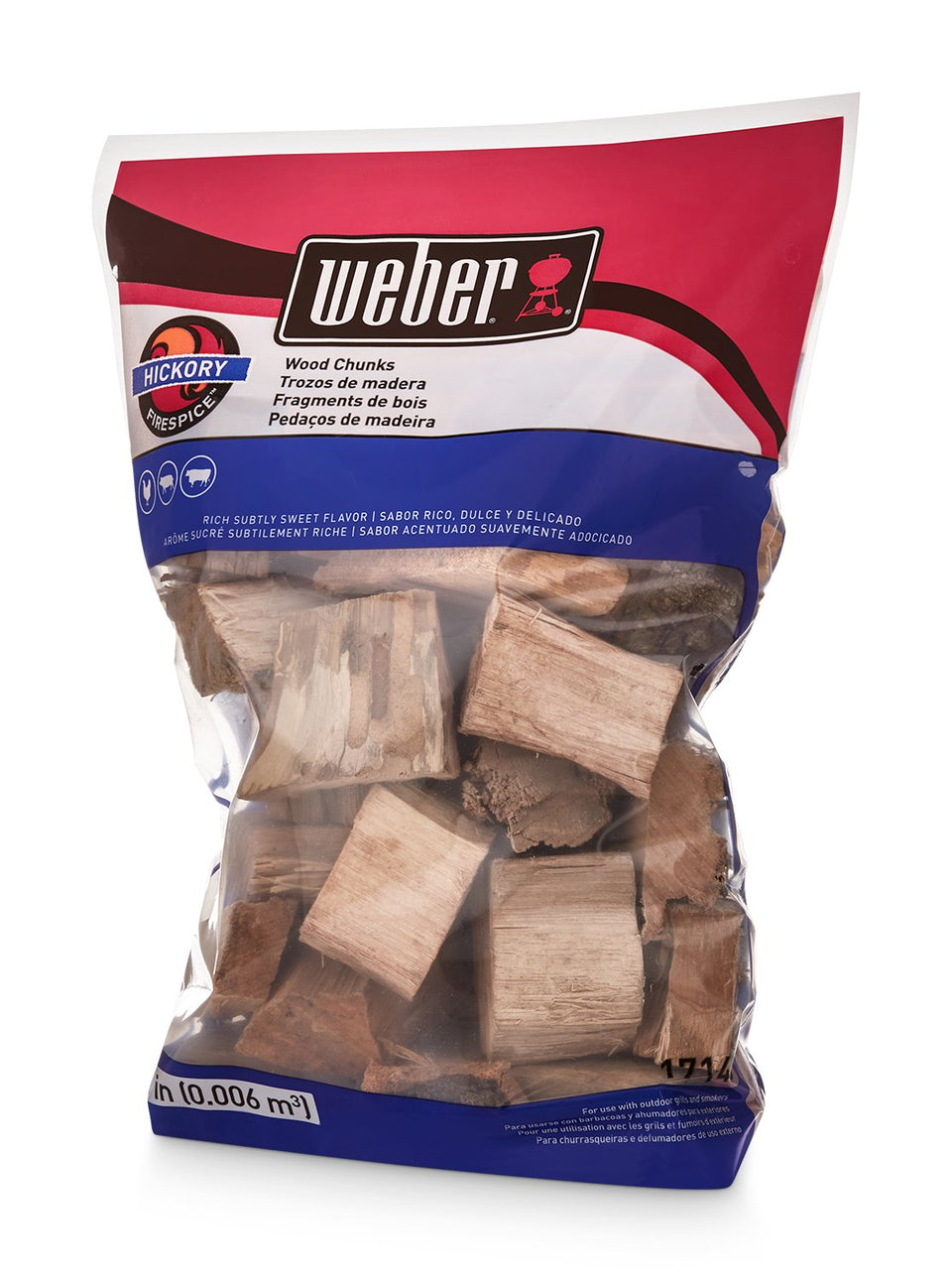 Weber Hickory Wood Chunks bag ready for grilling, delivering a rich smoky flavor for beef, pork, and poultry