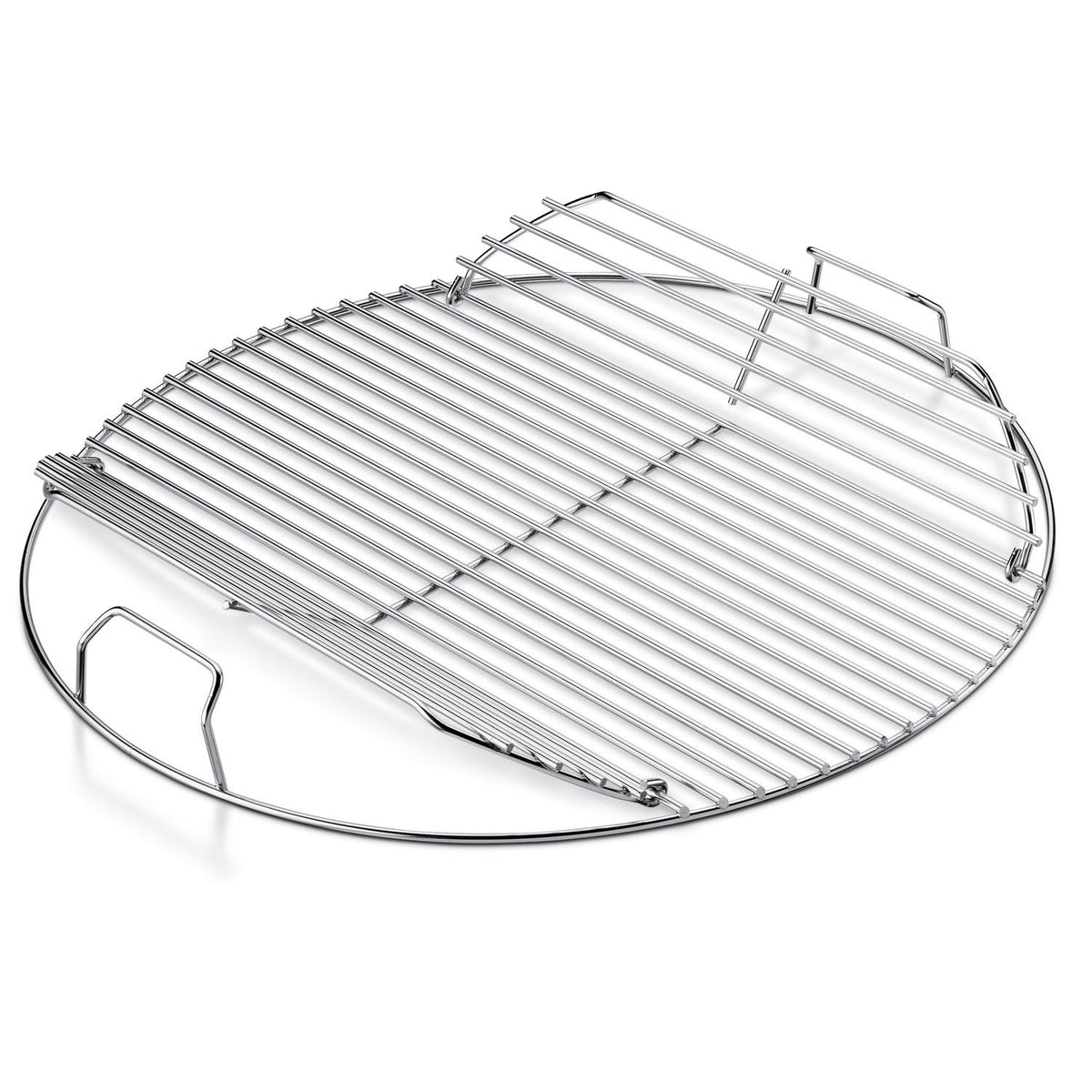 Weber hinged cooking grate on a 22-inch grill, sturdy plated steel for lasting use.
