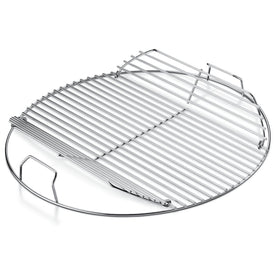 Weber hinged cooking grate on a 22-inch grill, sturdy plated steel for lasting use.