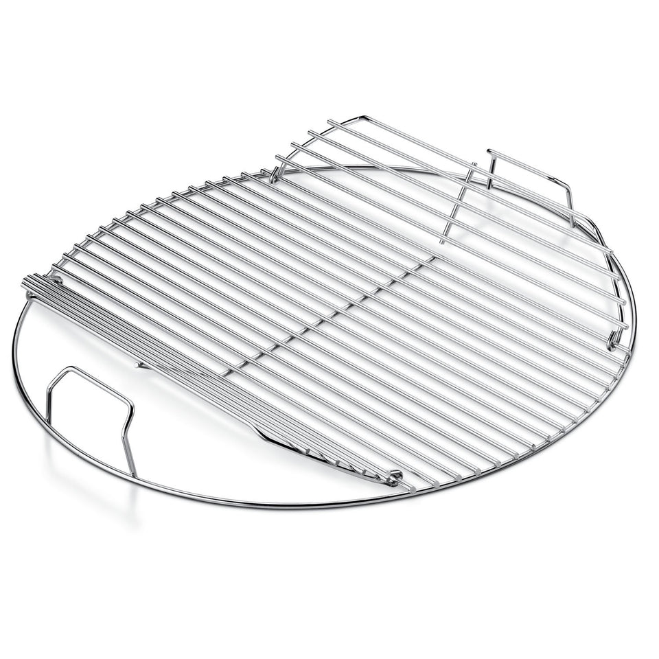 Weber hinged cooking grate on a 22-inch grill, sturdy plated steel for lasting use.