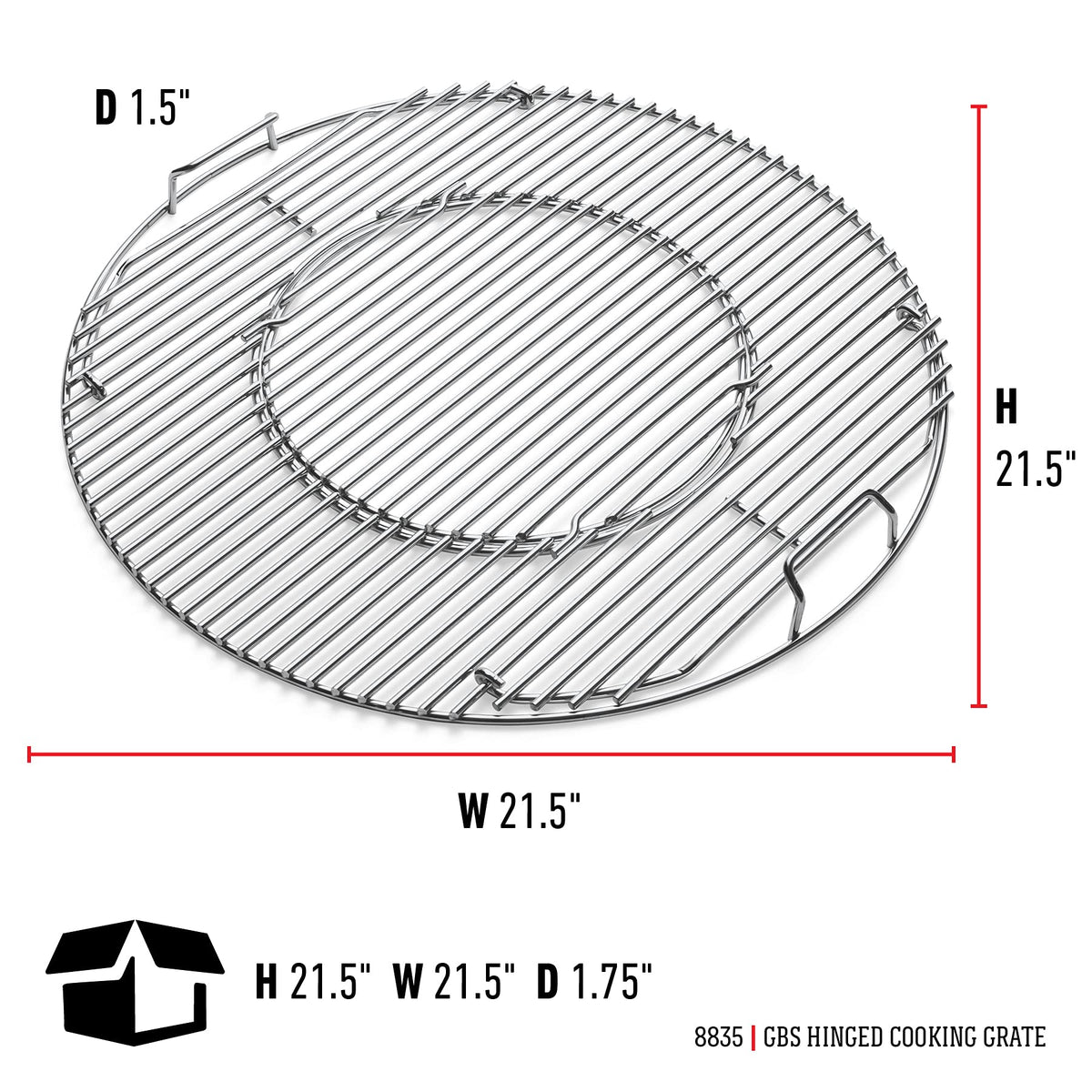 Weber hinged grate with open center for quick fuel reloads during cooking.
