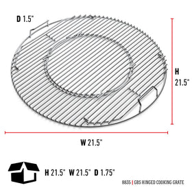 Weber hinged grate with open center for quick fuel reloads during cooking.