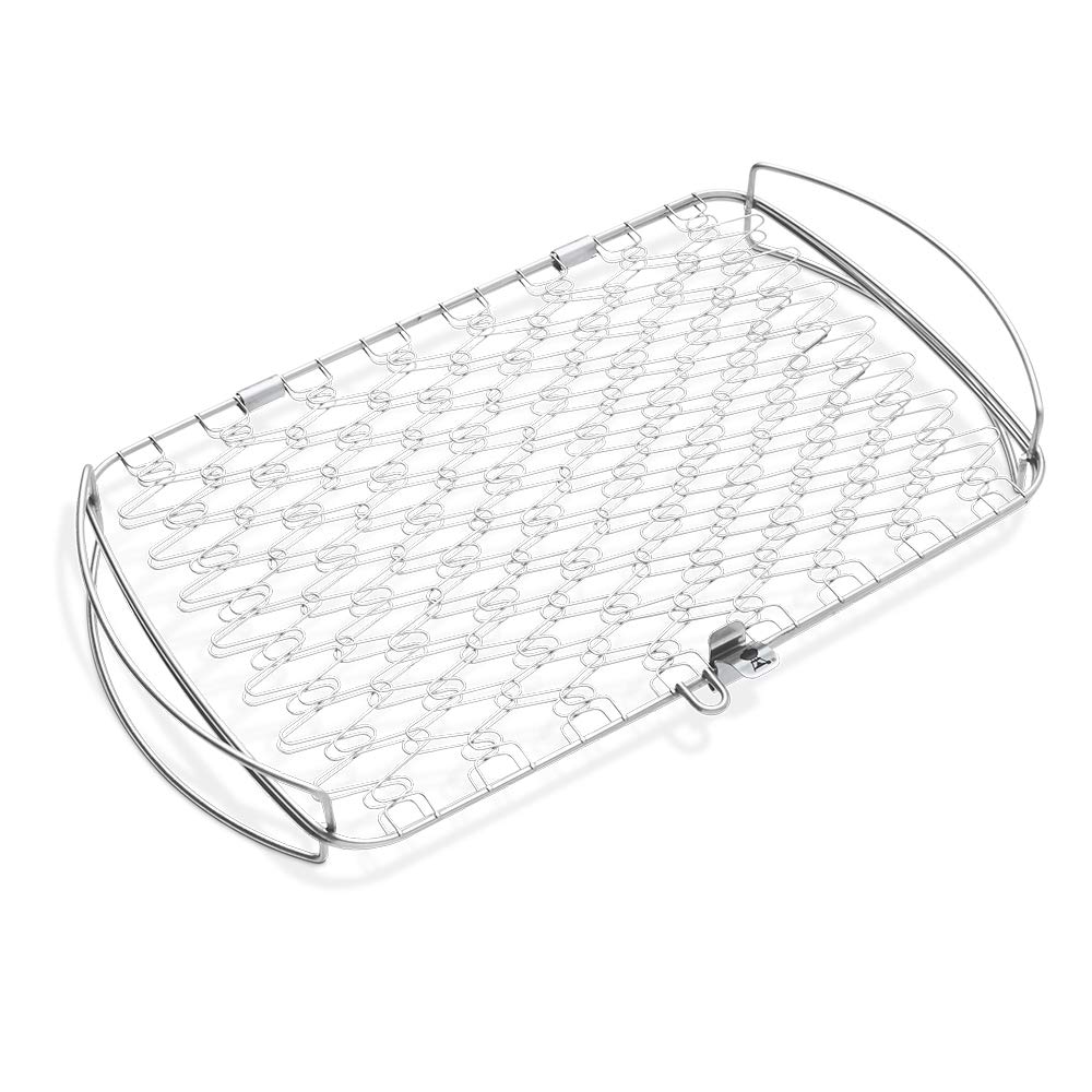 Weber large fish basket with flexible wire design for versatile grilling.
