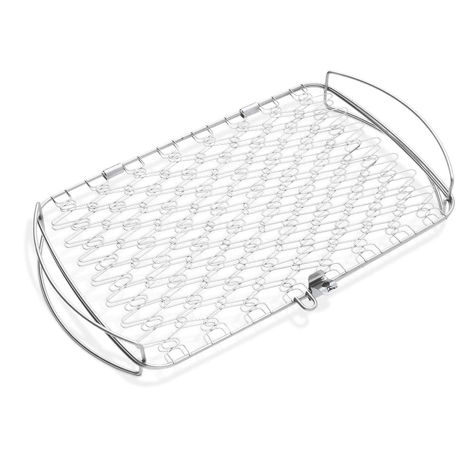 Weber large fish basket with flexible wire design for versatile grilling.