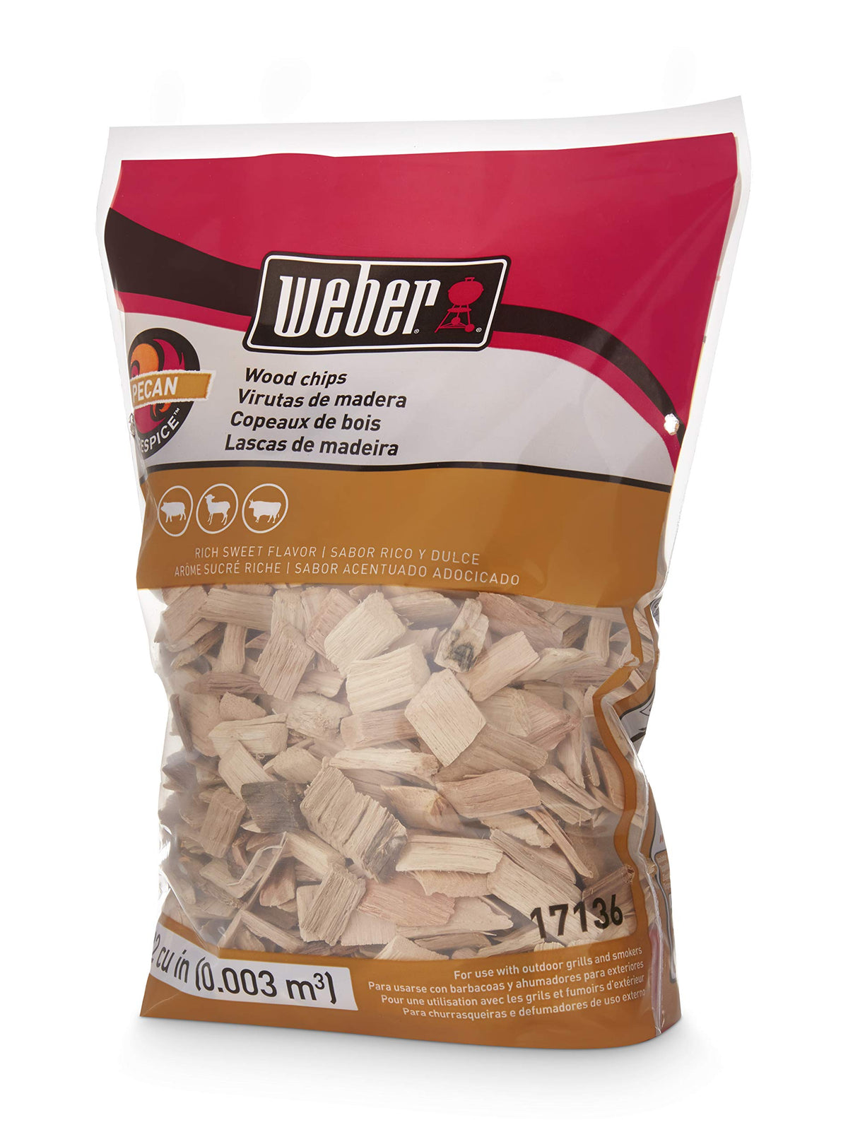 Weber Pecan Wood Chips bag front showcasing premium smoking flavor.