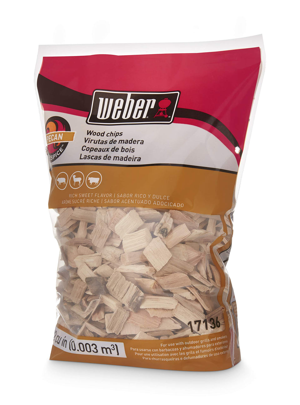 Weber Pecan Wood Chips bag front showcasing premium smoking flavor.