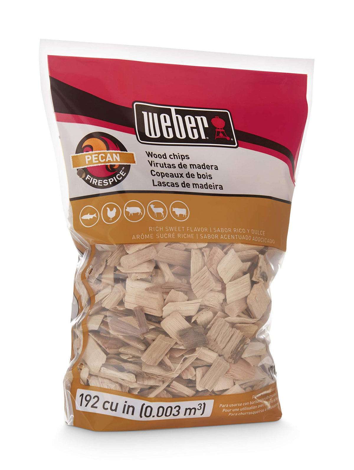 Weber Pecan Wood Chips on grill delivering sweet pecan aroma.