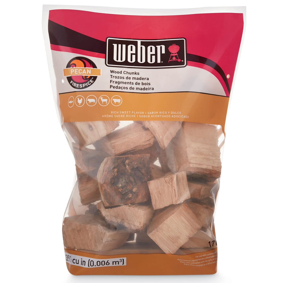 Weber Pecan Wood Chunks in a bag for rich, sweet smoked flavor.