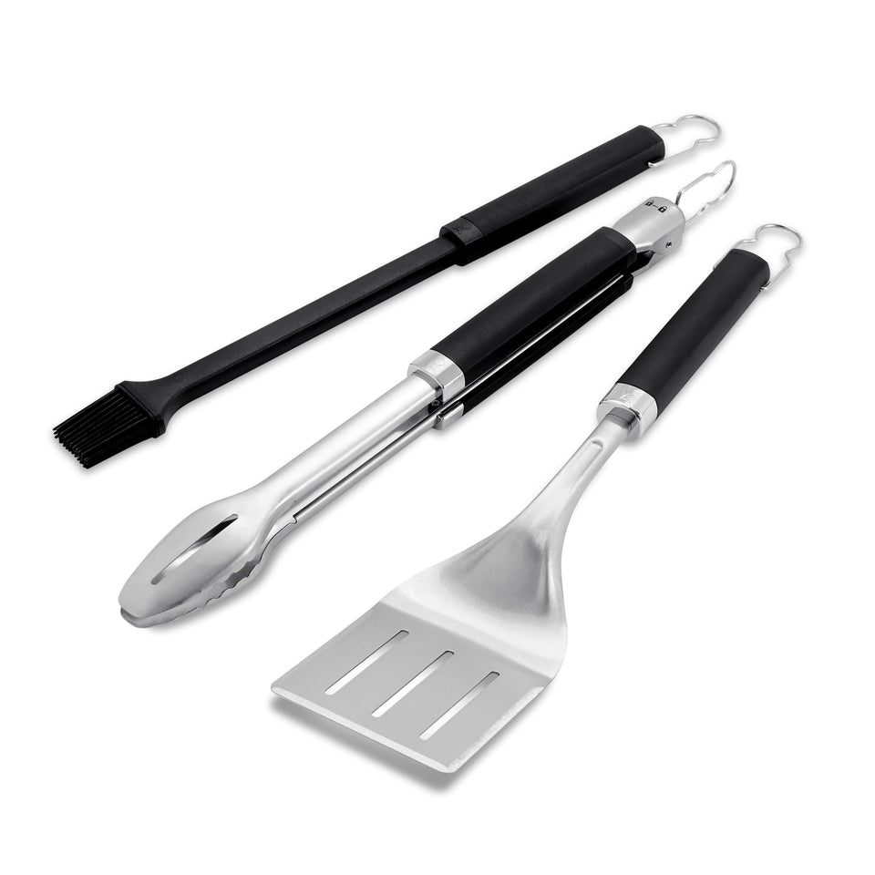 Weber Precision 3-Piece Grilling Tool Set tongs with hands-free locking for easy use