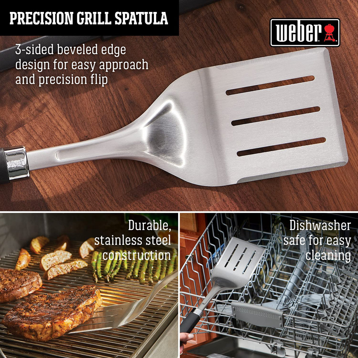 Weber Precision Grill Spatula is dishwasher safe for easy cleanup.