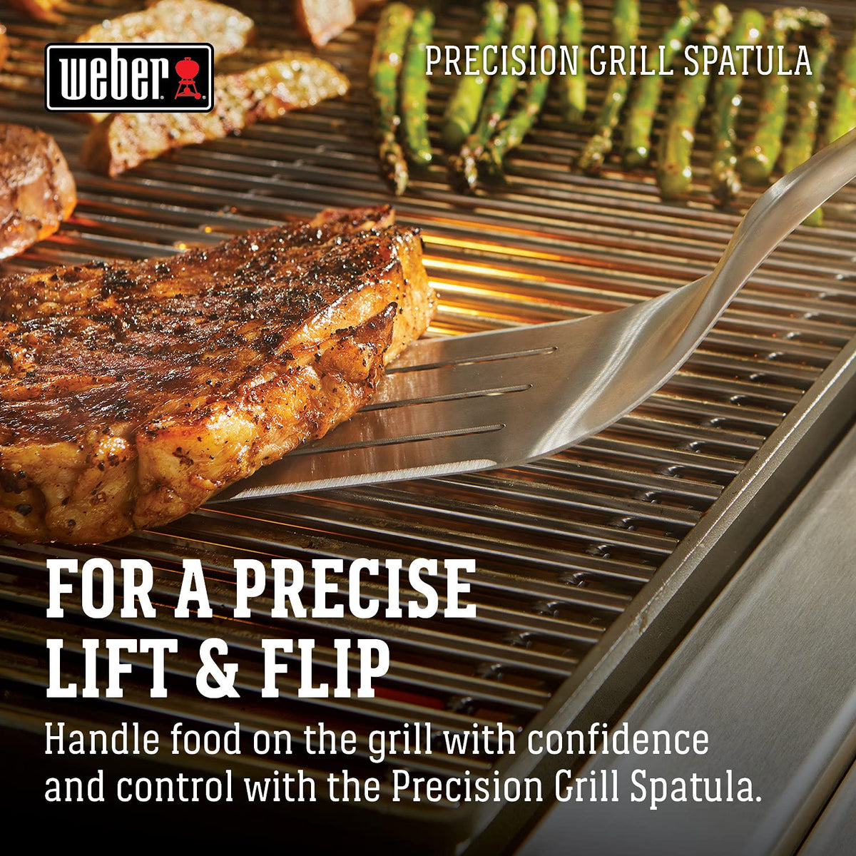 Weber Precision Grill Spatula made from durable stainless steel for heavy use.