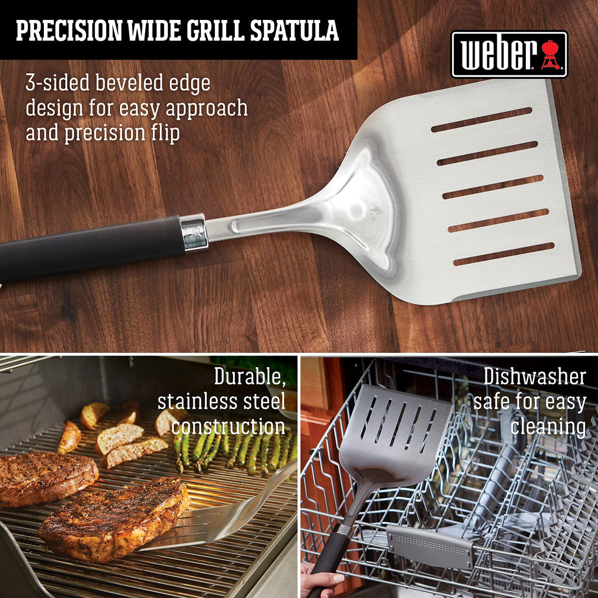 Weber Precision Grill Wide Spatula dishwasher safe for quick cleanup after cooks