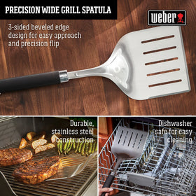 Weber Precision Grill Wide Spatula dishwasher safe for quick cleanup after cooks