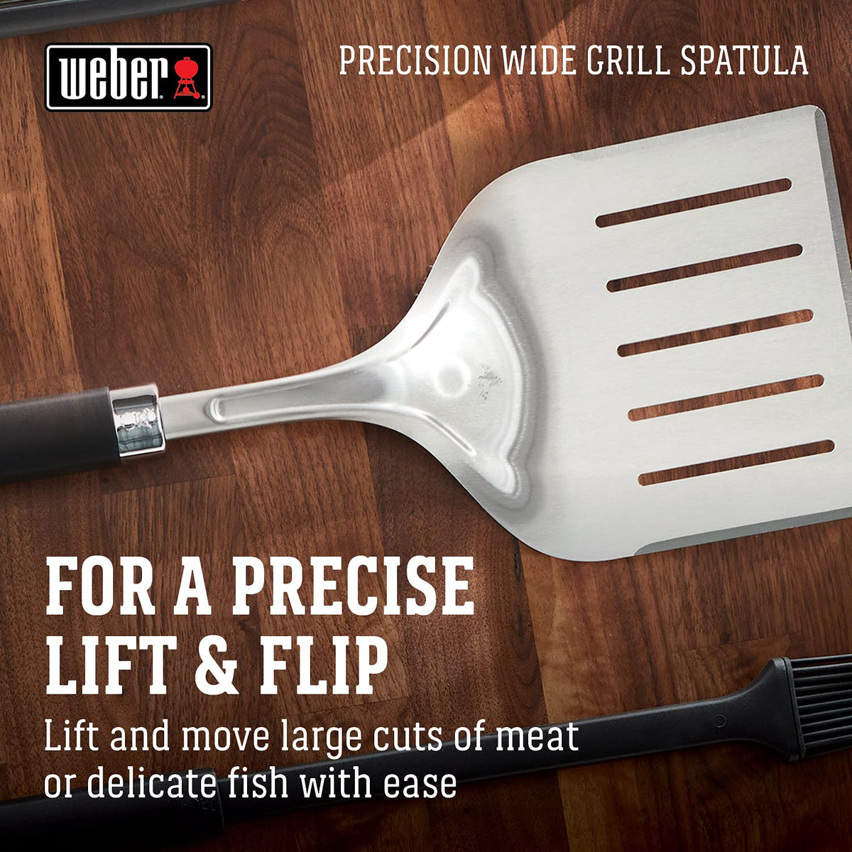Weber Precision Grill Wide Spatula hanging loop shown for easy storage after grilling