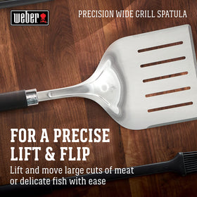 Weber Precision Grill Wide Spatula hanging loop shown for easy storage after grilling
