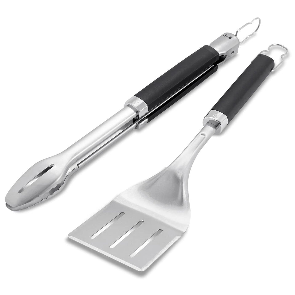 Weber Precision Tongs with soft-touch handles offering a comfortable non-slip grip for precise flipping