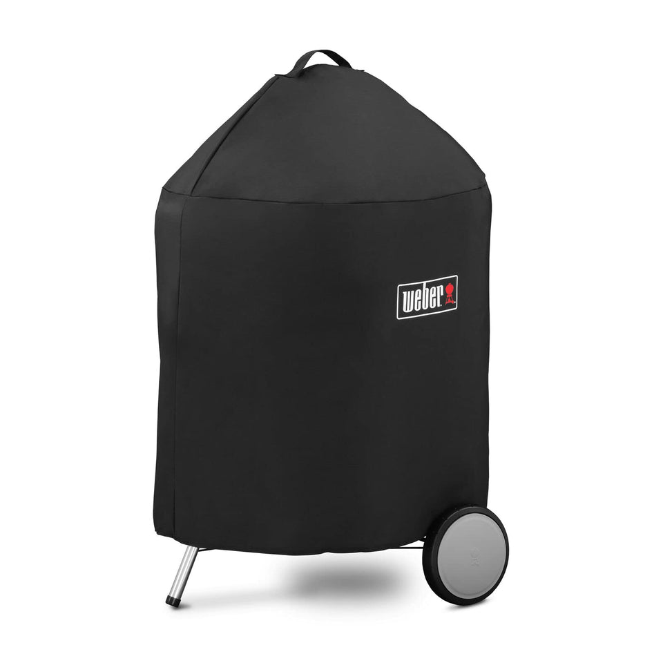Weber Premium 22-inch grill cover on a grill showing UV-resistant protection