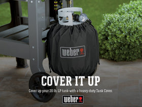 Weber weather-resistant propane tank cover in breathable fabric protects outdoor equipment