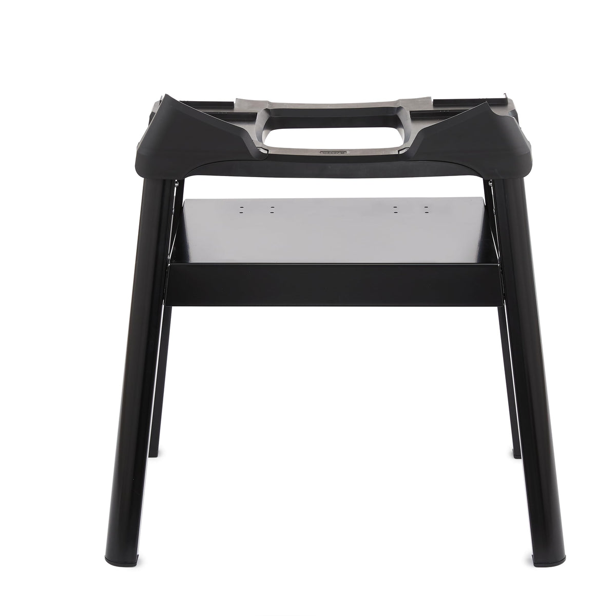 Weber Q Compact Stand with storage shelf for quick tool access.