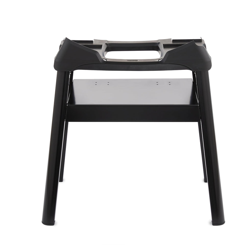 Weber Q Compact Stand with storage shelf for quick tool access.