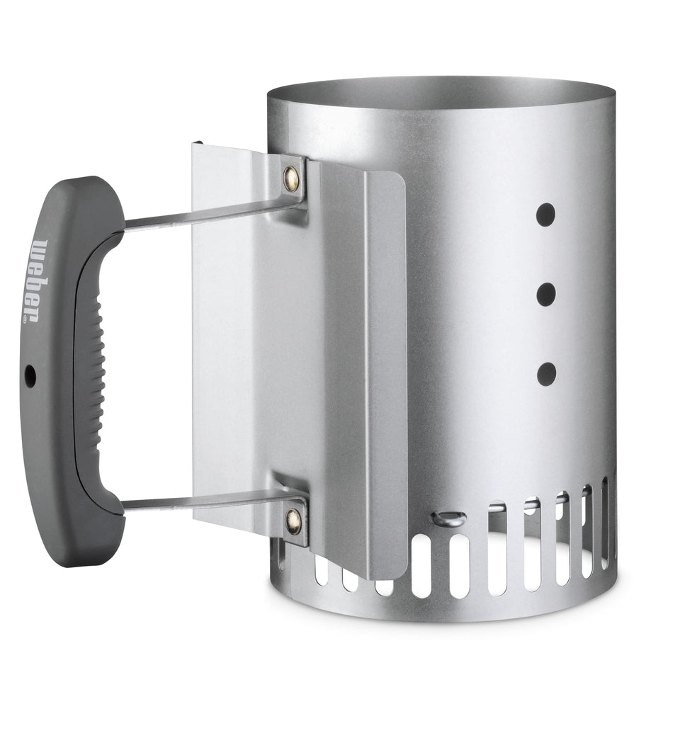 Weber Rapidfire Compact Chimney Starter front view for quick ignition on small grills.